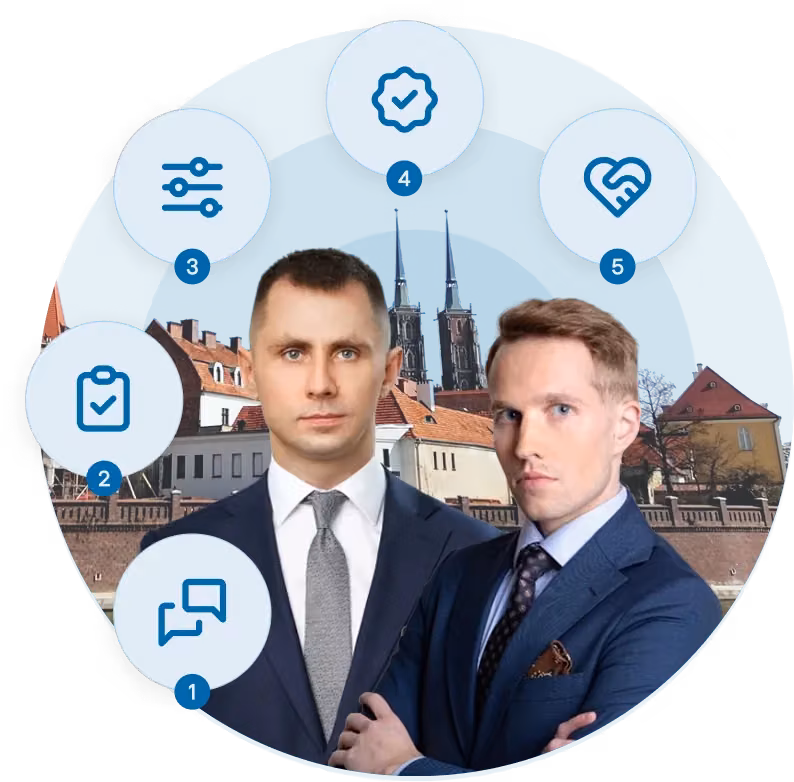 Doradcy restrukturyzacyjni kancelarii BW Restrukturyzacje otoczeni ikonami pięciu etapów restrukturyzacji firmy, na tle zabytków województwa dolnośląskiego