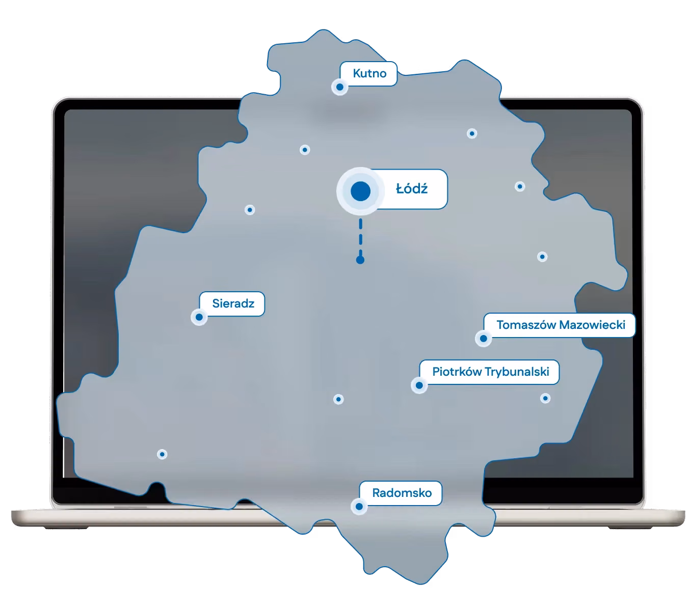 Mapa województwa łódzkiego z zaznaczonymi miastami, w których pomagamy.