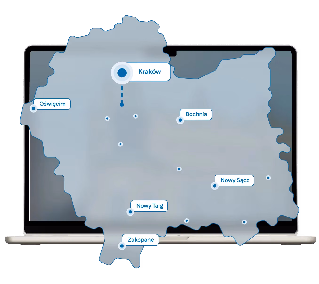 Mapa województwa małopolskiego z zaznaczonymi miastami, w których pomagamy.