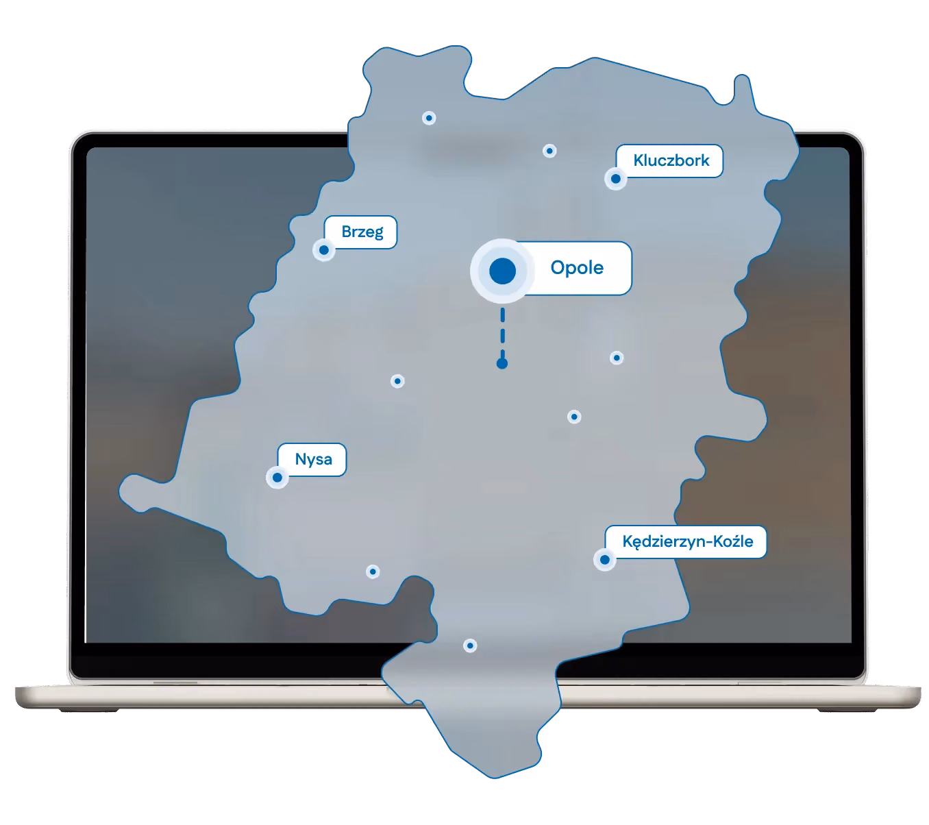 Mapa województwa opolskiego z zaznaczonymi miastami, w których pomagamy.