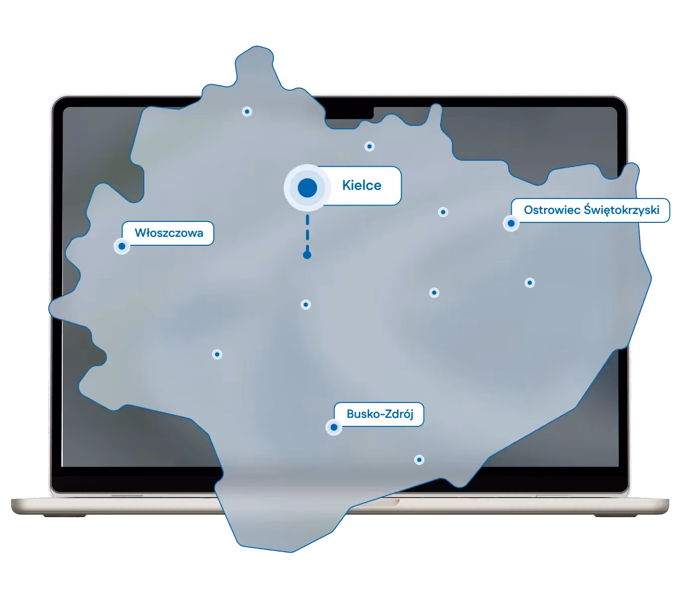 Mapa województwa świętokrzyskiego z zaznaczonymi miastami, w których pomagamy.