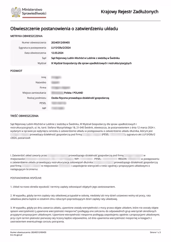 Obwieszczenie o zatwierdzeniu układu – klient z branży handlowo-produkcyjnej